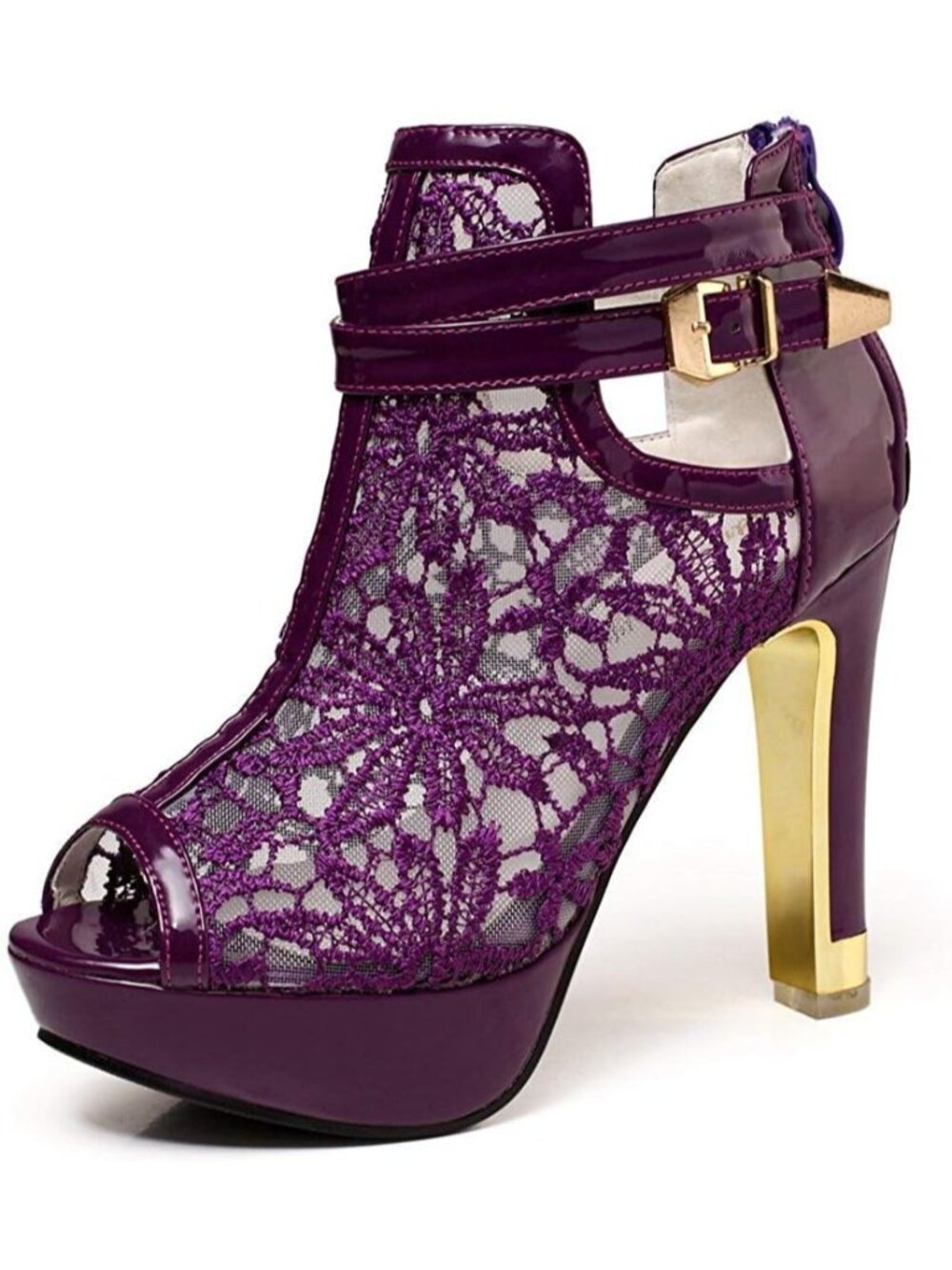 Women's Purple Rubber Pretty Lace Flowers Open Toes High Heels Ankle Boots